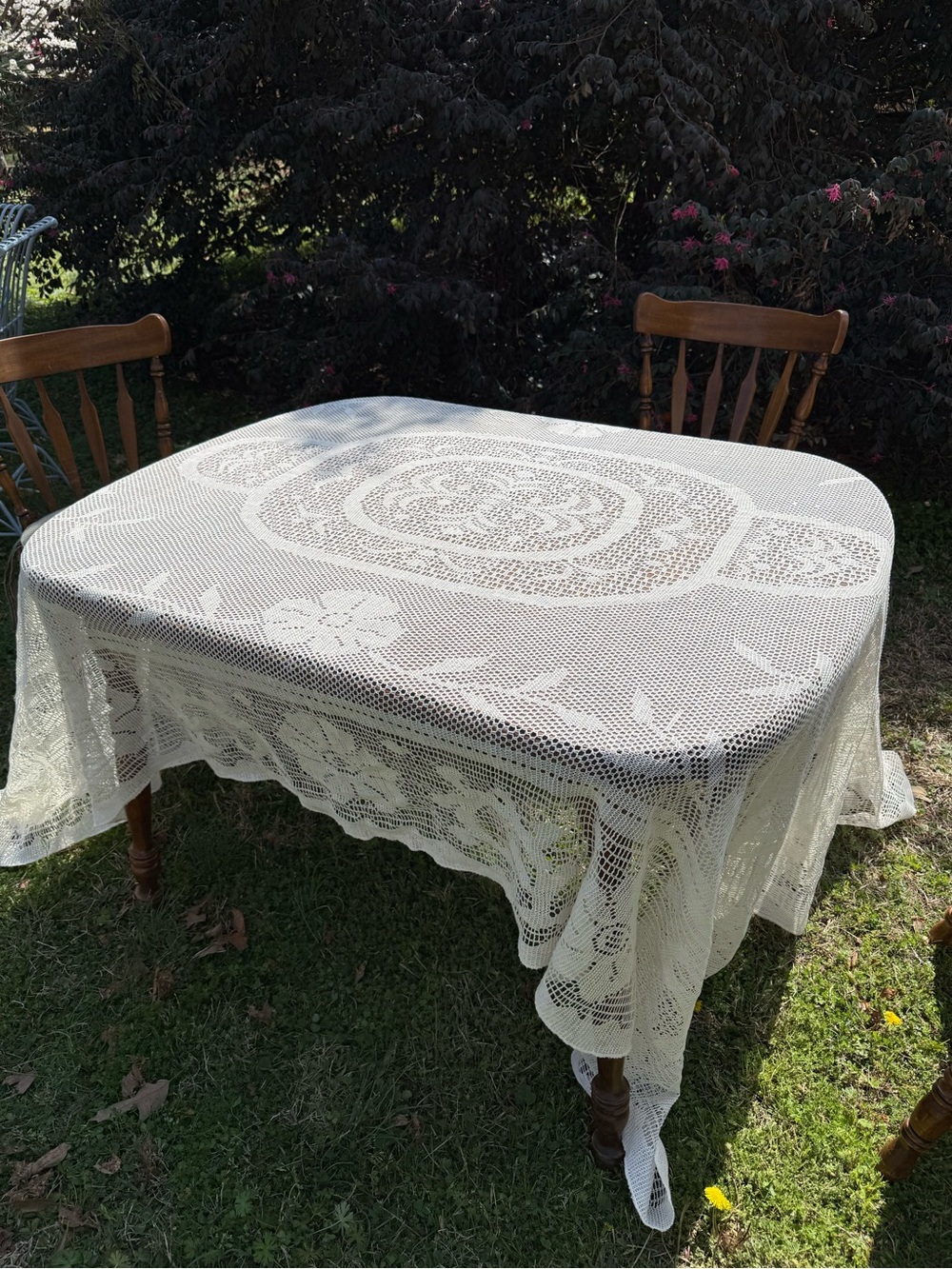 Vintage Crochet Lace Tablecloth in Ivory Large Rectangle 74x110
